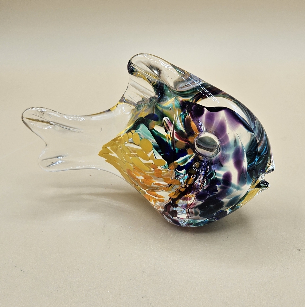 Jim Karl Signed Confetti Fish Glass Paperweight, Signed 3.75H" X 5.25W"